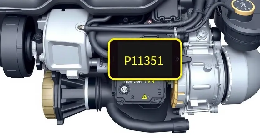A high-quality technical illustration showing a diesel engine of a Peugeot or Citroën vehicle with a highlighted electronic control unit and diagnostic scanner displaying error code P1351, clean background, professional lighting, no text or numbers on the image