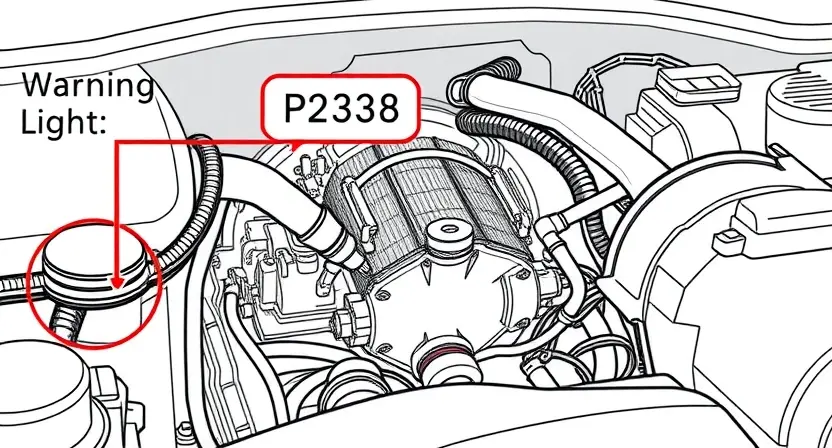 A detailed technical illustration of a car engine showing a warning light on the dashboard indicating a P2338 error, with a focus on the third cylinder, including visual cues like a spark plug, fuel injector, and exhaust pipe, rendered in a clean, high-quality technical diagram style with precise lines and labels, no text or numbers on the image