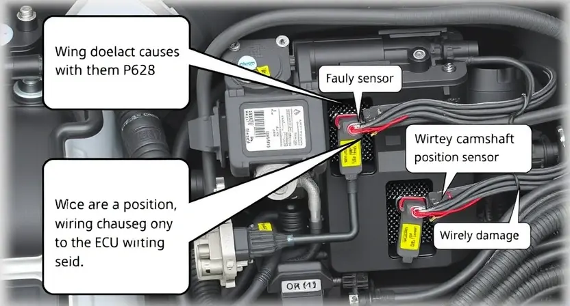 A detailed illustration of an automotive engine control unit (ECU) with various sensors and wiring harnesses. Focus on the wiring and connections related to the camshaft position sensor. The image should depict the potential causes of a P0628 code, such as a faulty sensor, wiring damage, or a problem with the ECU itself.