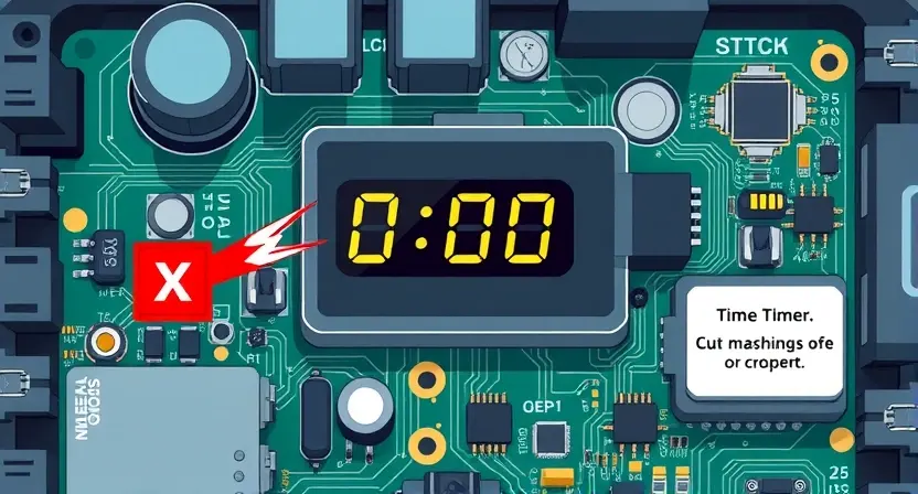 A detailed illustration of an electronic control unit (ECU) with a focus on the internal timer components. The image should depict a circuit board with various electronic parts, highlighting the timer circuitry. Include visual cues representing a malfunction or error, such as a broken component or a flashing light. The overall aesthetic should be technical and informative, suitable for a technical documentation image.