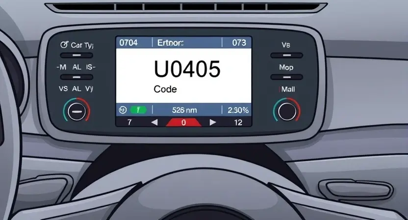 A detailed technical illustration of a car's cruise control system with visible error code U0405 displayed on a diagnostic screen, showing warning lights and fault indicators, clean technical drawing style, no text or numbers on the image