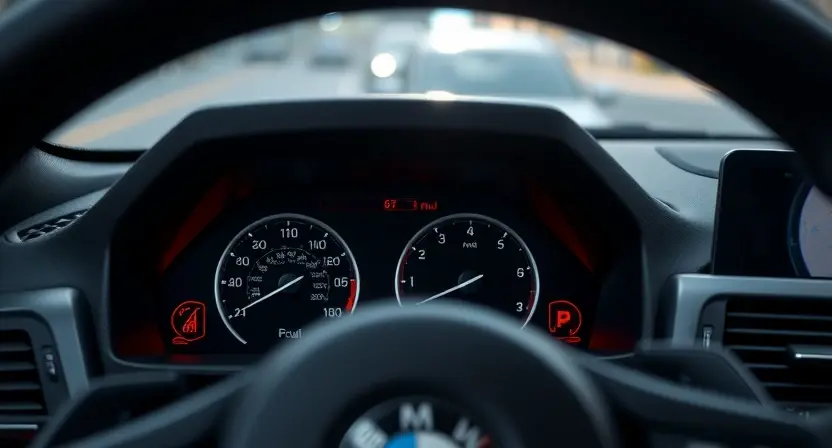 A close-up, detailed shot of a BMW car's dashboard, specifically focusing on the instrument cluster and warning lights. The dashboard should be clean and modern, showcasing the digital display and any illuminated warning lights related to engine or transmission issues. The background should be slightly blurred to emphasize the dashboard.