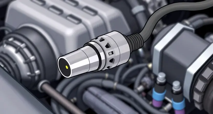 A close-up, detailed illustration of an oxygen sensor in a car engine. The sensor should be clearly visible, with wires connected. The background should be a slightly blurred view of the engine compartment. Focus on the sensor's physical components and connections.