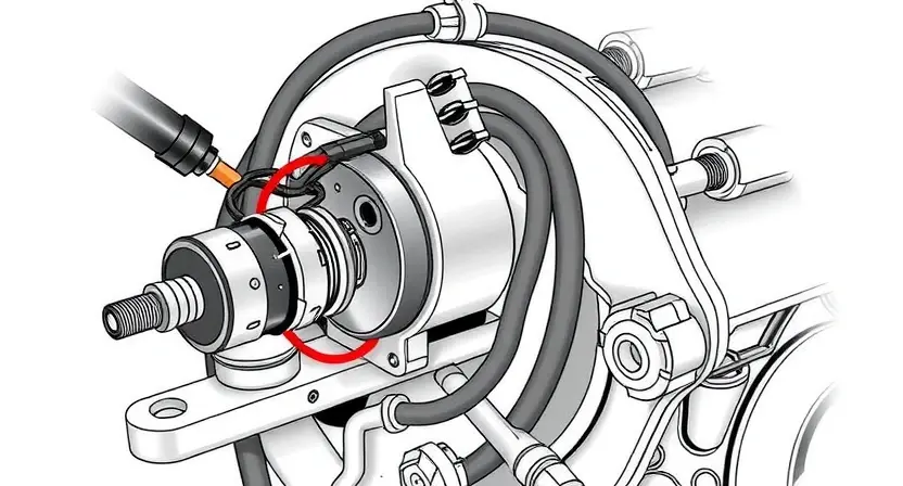 A detailed, high-quality illustration of a car's transmission system, specifically focusing on the pressure solenoid and its associated components. The image should clearly show the solenoid, its wiring, and the surrounding hydraulic lines. The background should be a clean, neutral color to emphasize the mechanical parts. Focus on mechanical defects like wear and tear on the solenoid or damaged hydraulic lines.