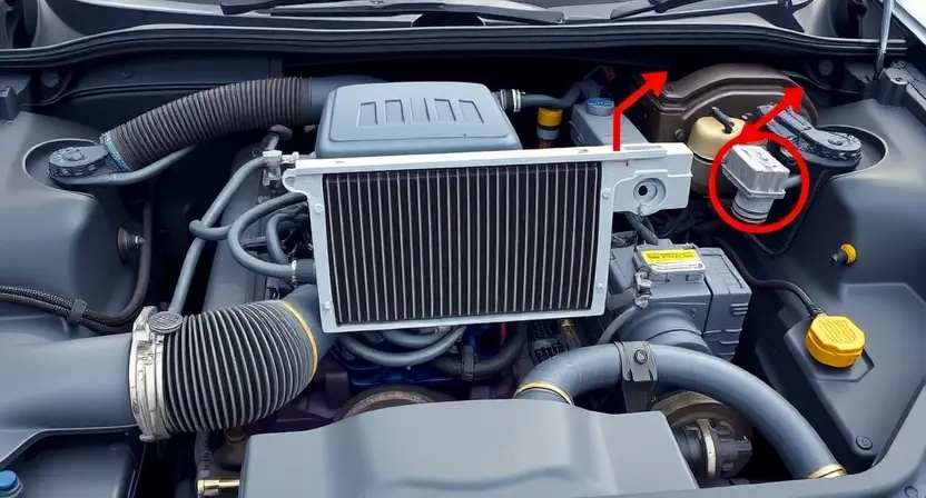 A detailed illustration of a car's engine bay, specifically highlighting the air intake heater circuit. Show the heater core, hoses, and wiring connected to it. The background should be a slightly blurred engine bay environment.