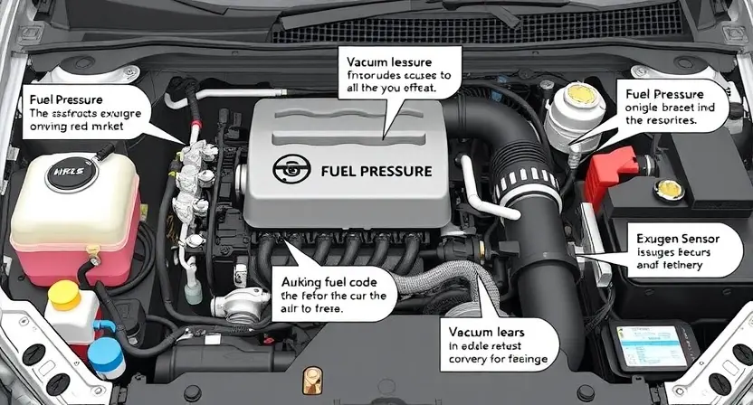 A detailed illustration of an engine bay with various automotive components, focusing on potential causes of a P0180 error code. Include visual representations of fuel pressure, vacuum leaks, and oxygen sensor issues. The image should be clean and well-lit, showcasing the components clearly.
