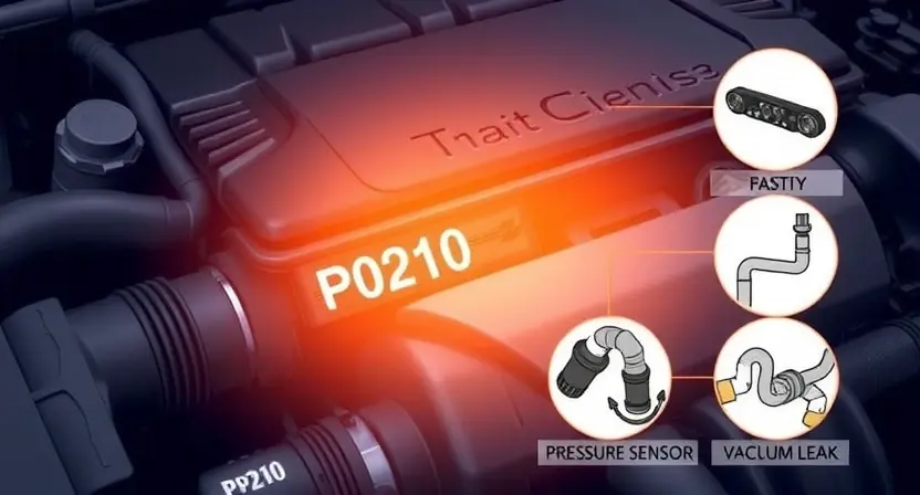 A detailed illustration of a car engine with a diagnostic light illuminated, highlighting the P0210 error code. Include visual cues representing the potential causes of the error, such as a faulty pressure sensor or vacuum leak. Focus on technical accuracy and clarity.