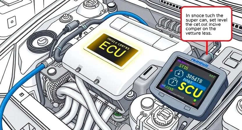 A detailed illustration of an engine control unit (ECU) with various sensors and diagnostic connectors. The ECU should be highlighted with a glowing effect, indicating a potential issue. Around the ECU, depict a car engine with visible components like the intake manifold, cylinders, and exhaust system. Include a diagnostic tool connected to the ECU, displaying error codes. The background should be a clean, technical environment, possibly a workshop or garage.