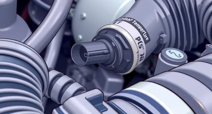 A close-up, detailed illustration of an engine bay with a focus on the Engine Coolant Temperature (ECT) sensor. The sensor should be clearly visible, along with surrounding engine components like hoses and wiring. Use bright, clean colors to highlight the sensor. The background should be slightly blurred to emphasize the sensor.