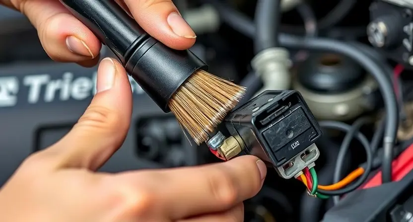 A close-up, high-resolution image depicting a mechanic cleaning electrical connectors with a specialized brush and cleaning solution. The connectors should be from a car's electrical system, showing wires and pins. The background should be a blurred automotive workshop environment.