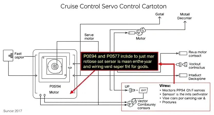 A detailed schematic diagram of a cruise control servo control system, highlighting the P0594 and P0597 error codes and their relationship. Include visual representations of the servo motor, sensors, and wiring. Focus on clarity and technical accuracy.