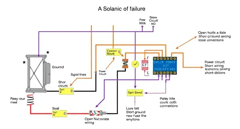 A detailed schematic diagram of a solenoid circuit, highlighting potential points of failure. The diagram should clearly show the solenoid, wiring, relays, and any associated components. Use color-coding to differentiate between power, ground, and signal lines. Include visual indicators of common problems like open circuits, short circuits, and loose connections. The background should be clean and uncluttered, focusing attention on the circuit diagram.
