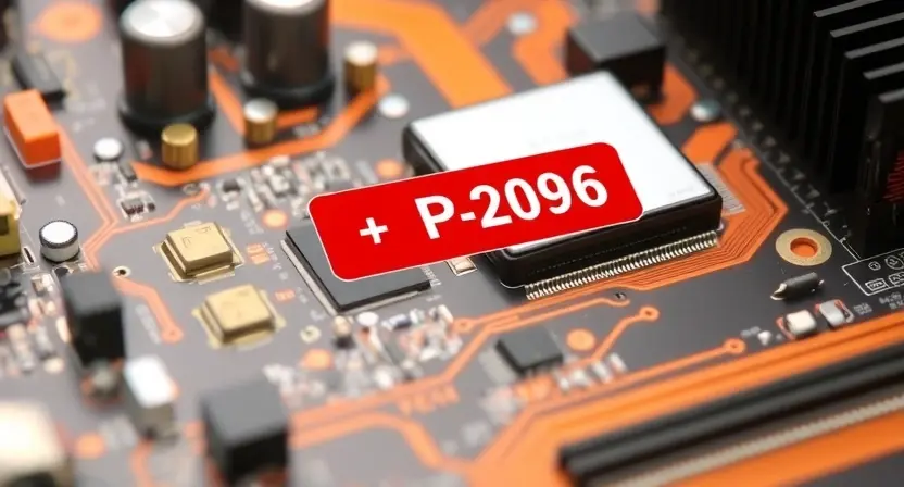 A close-up, detailed illustration of a computer motherboard with a highlighted P2096 error indicator. Focus on the electronic components and circuit pathways. The background should be blurred, emphasizing the motherboard.