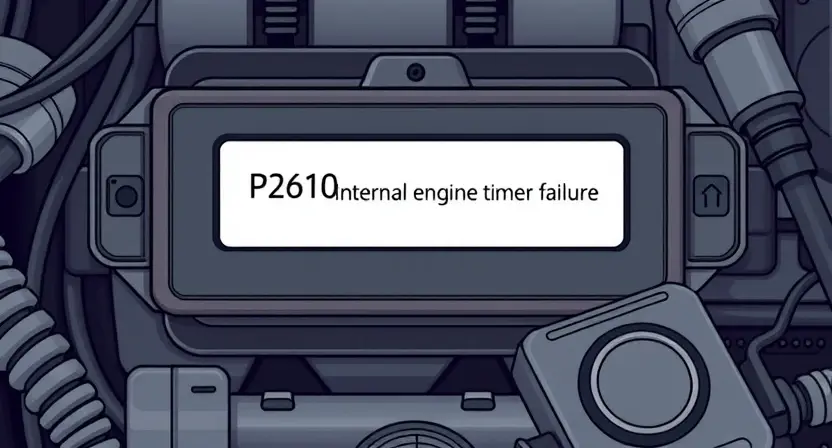 A detailed illustration of an electronic control unit (ECU) displaying an error message, specifically 'P2610: Internal engine timer failure'. The ECU should be surrounded by diagnostic tools and wiring, suggesting a technical inspection. Focus on clarity and precision in depicting the error message and the surrounding components.