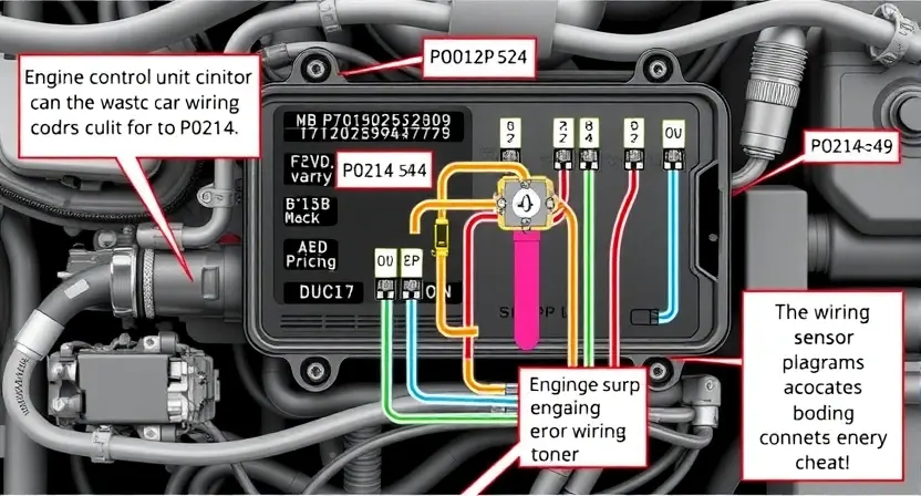 A detailed illustration of an automotive engine control unit (ECU) with wiring diagrams highlighting the P0214 error code circuit. Include visual representations of the relevant sensors, actuators, and connectors. Focus on clarity and technical accuracy.