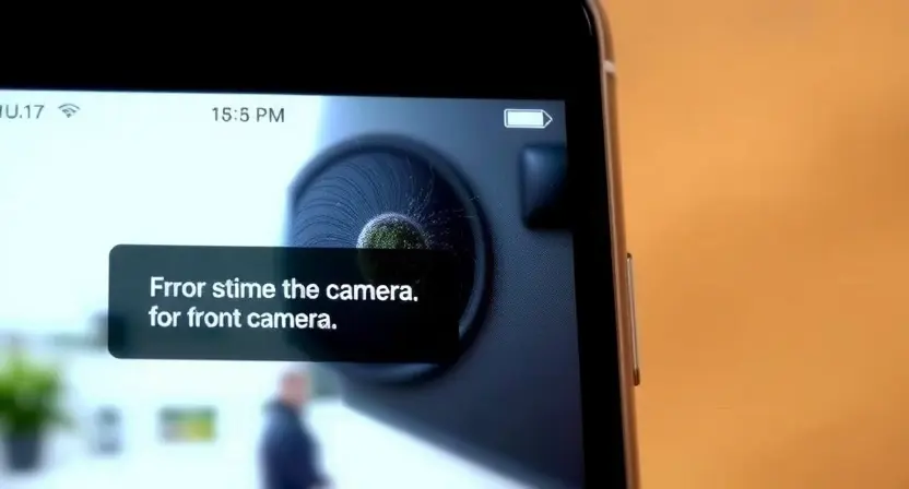 A close-up illustration of a smartphone displaying an error message related to the front camera. The camera lens is visibly dirty with smudges and possibly some water droplets. The background is blurred, suggesting a real-world environment. Focus on the error message and the dirty camera lens.