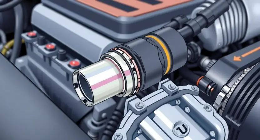A close-up, detailed illustration of a car's engine bay, specifically highlighting the Mass Air Flow (MAF) sensor. The sensor should be clearly visible, with surrounding engine components subtly in focus. Use bright, clean lighting to emphasize the sensor's details. Focus on the sensor's physical form and connections.
