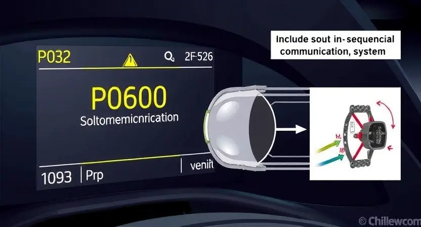 A detailed illustration of a car's diagnostic interface displaying a P0600 error code. The interface should show the code prominently, along with a visual representation of a communication line or network diagram, indicating a potential issue with the vehicle's sequential communication system. Include a simplified diagram of the car's wiring harness to illustrate the affected area.