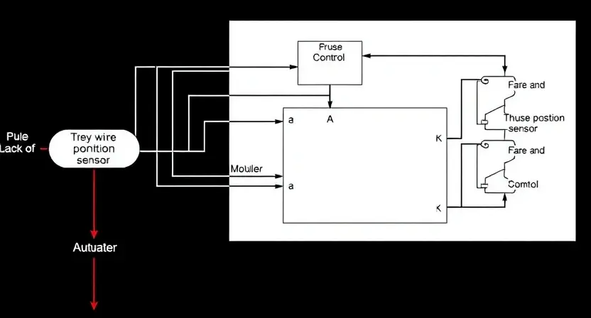 A detailed schematic diagram of a cruise control system, illustrating the components like the throttle position sensor, cruise control module, and actuators. Include wiring and connections. The diagram should be clean and professional, suitable for technical documentation.