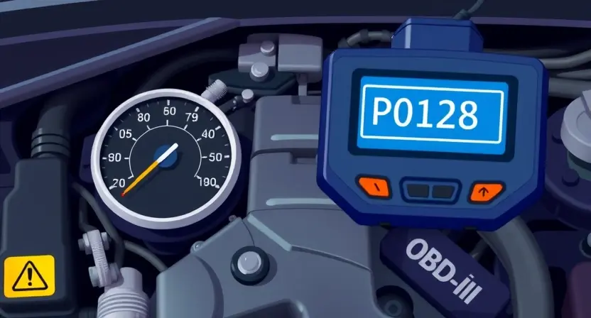 A high-quality technical illustration showing a car engine with a highlighted temperature gauge and an OBD-II diagnostic scanner displaying error code P0128, clean background, professional lighting, detailed mechanical components, no text or numbers on the image