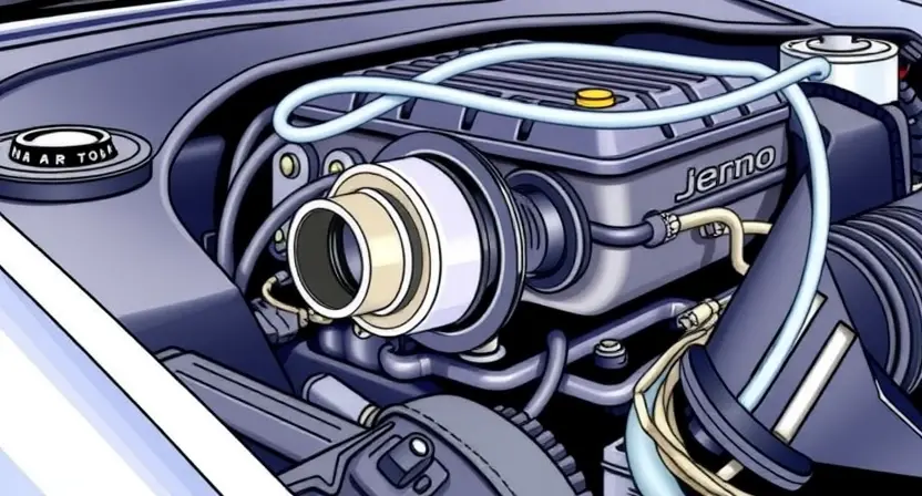 A detailed illustration of an engine bay with a close-up on the Mass Air Flow (MAF) sensor. The sensor should be clearly visible, with wires and connections around it. The engine should be partially visible, showing components like the intake manifold and engine block. The background should be a slightly blurred view of the car's interior.