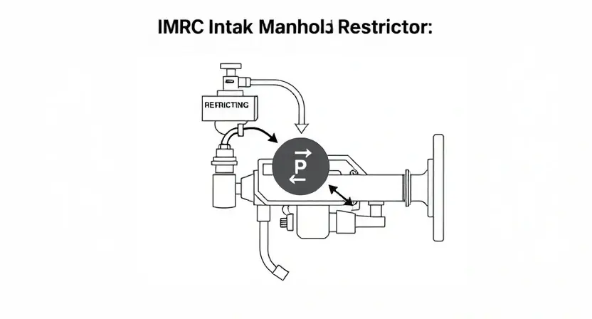 A detailed diagram illustrating the IMRC (Intake Manifold Restrictor) system in a car engine. The diagram should clearly show the location of the IMRC, its components (solenoid, restrictor plate), and its connection to the intake manifold and throttle body. Use arrows to indicate airflow direction. The background should be a clean, light gray.