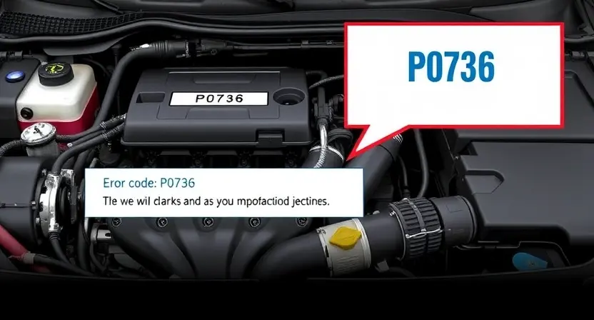 A detailed illustration of a car's engine bay with the P0736 error code highlighted on a diagnostic screen. Focus on the engine components and the screen displaying the code, with clear visual cues indicating the error's relevance to the vehicle's operation.