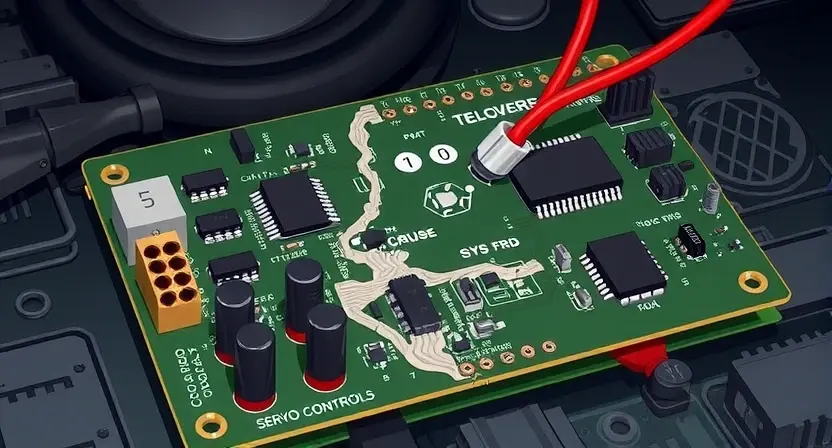 A detailed illustration of a broken circuit board with a disconnected wire, representing a failed cruise control servo control system. The circuit board should be realistically rendered with visible components like resistors, capacitors, and integrated circuits. The broken wire should be clearly depicted, possibly with a frayed end. The background should be a dark, technical environment, perhaps a workshop or electronics lab.