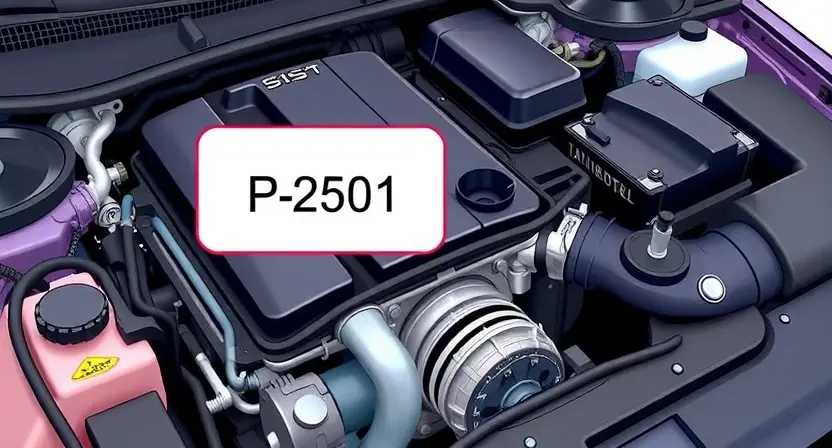 A detailed illustration of a car engine with a highlighted section indicating a malfunction, specifically related to the P2501 error code. The image should show the engine components clearly, with a focus on the area where the error is likely occurring. The scene should be realistic and detailed, with a clean and professional look.
