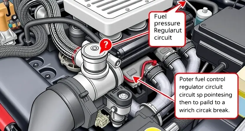 A detailed illustration of a car engine with a focus on the fuel pressure regulator control circuit. Show the components involved, such as the fuel pressure regulator, wiring harness, and connectors. Highlight the potential points of failure that could lead to a circuit break. Use a realistic and technical style to depict the engine and its components.