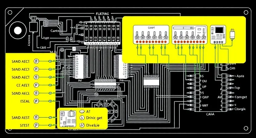 A detailed schematic diagram of an engine control unit (ECU) with highlighted areas indicating potential sources of high signal. Include visual representations of sensors, actuators, and wiring. Focus on clarity and precision in depicting the electrical connections.