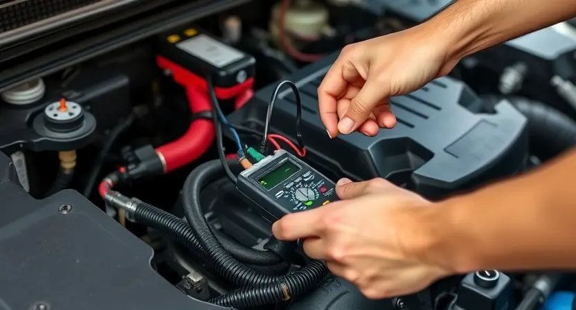 A close-up, detailed image of a car engine bay with a mechanic's hands carefully inspecting wiring harnesses. Focus on the wiring connections and potential damage. Tools like a multimeter or wire strippers are subtly visible in the background. The engine should be clean and well-maintained, emphasizing the diagnostic process. The lighting should be bright and even, highlighting the intricate details of the electrical system.