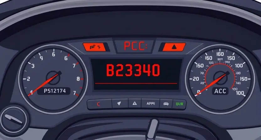 A detailed illustration of an automotive climate control system (ACC) dashboard with a prominent error message 'B2340' displayed. The dashboard should show various gauges, buttons, and indicators, with the error message highlighted in red. Focus on clarity and technical accuracy.