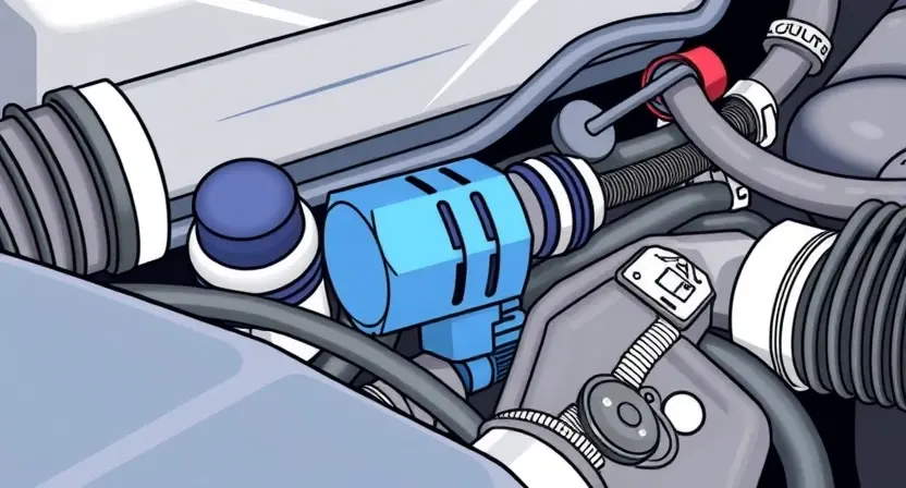 A close-up, detailed illustration of a car engine bay with a focus on the Mass Air Flow (MAF) sensor. The sensor should be clearly visible, along with surrounding engine components like air intake tubing and hoses. Use bright, clean colors to highlight the sensor. The overall composition should convey a sense of technical precision and clarity.