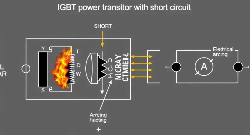 A detailed schematic diagram of an IGBT power transistor with a short circuit, highlighting the internal components and the path of the short circuit. Include visual indicators of overheating and electrical arcing. Focus on the transistor's internal structure and the location of the fault.