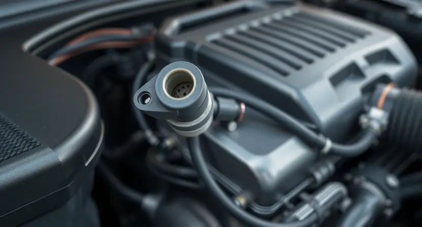 A close-up, detailed illustration of a car's engine bay, specifically highlighting the coolant temperature sensor and surrounding components. The engine should appear clean and well-maintained. Focus on the sensor's wiring and connection points. The background should be slightly blurred to emphasize the sensor.