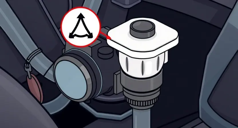 A high-quality technical illustration showing a car's brake fluid reservoir and pressure sensor, with a clear warning indicator for low brake fluid pressure, clean technical diagram style, no text or numbers on image