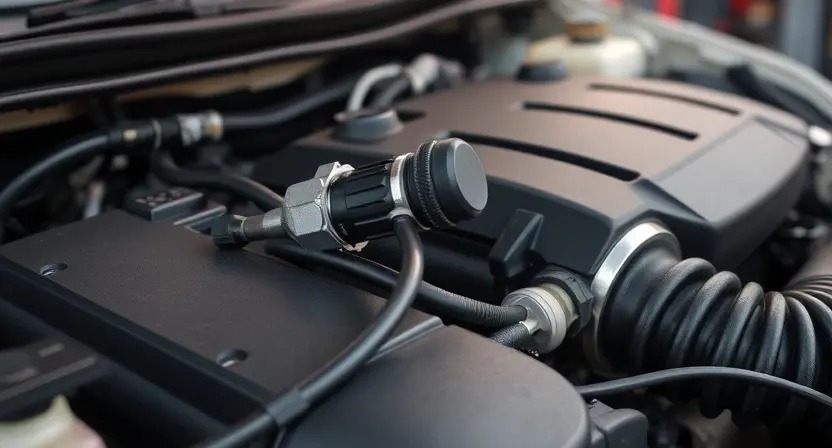A close-up, detailed image of a Toyota car's engine bay. Focus on the oxygen sensor and related wiring. The engine should appear clean and well-maintained. The background should be slightly blurred, suggesting a garage setting.