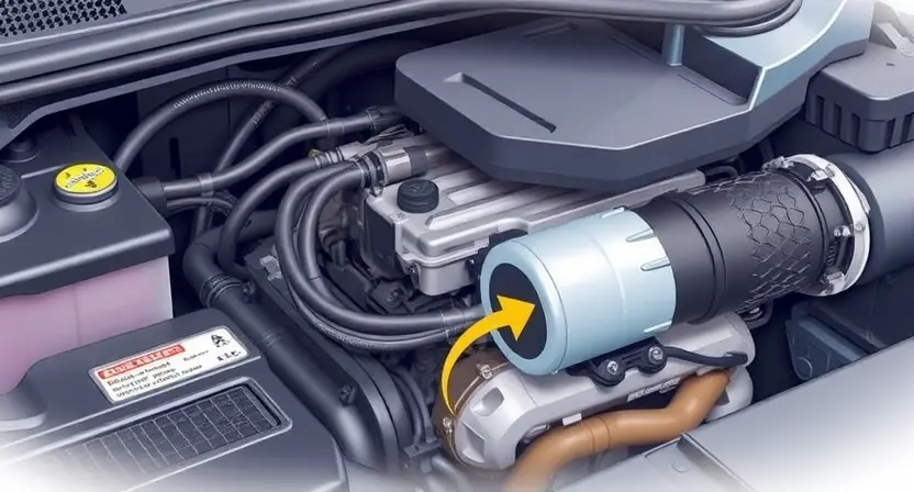 A detailed illustration of an automotive engine bay, focusing on the area where the boost pressure sensor is located. The sensor should be clearly visible, along with wiring and connections. The background should be slightly blurred to emphasize the sensor.