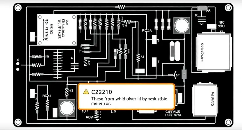 A complex electrical circuit diagram with a highlighted area indicating a C2210 error. The circuit should include components like resistors, capacitors, transistors, and a power supply. The highlighted area should show a visual representation of the error, perhaps with a broken line or a warning symbol. The background should be a clean, technical illustration style.