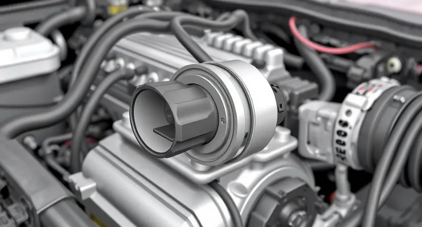 A close-up, detailed illustration of a car's engine bay, specifically focusing on the Mass Air Flow (MAF) sensor and its surrounding components. The sensor should be clearly visible, with wires and hoses connected. The background should show other engine parts, but the MAF sensor should be the central focus. The lighting should be bright and even, highlighting the details of the sensor and its connections.