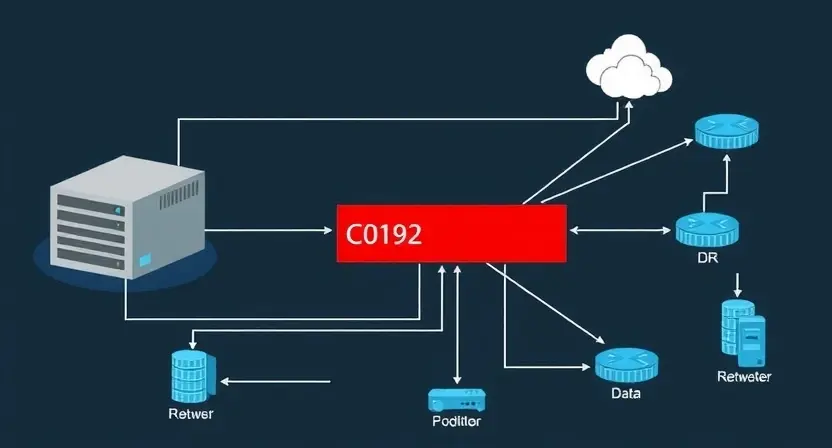 A detailed diagram illustrating the C0192 error code in a computer system. The diagram should show a server with a highlighted error message, connected to various network components like routers and switches. Include visual representations of data flow and potential points of failure leading to the error. Focus on clarity and technical accuracy.