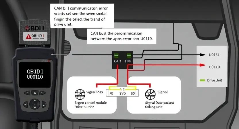 A detailed technical illustration showing a vehicle's CAN bus network with a highlighted communication error between the engine control module and the drive unit, featuring diagnostic tools like an OBD-II scanner displaying error code U0110, wiring diagrams with signal loss indicators, and symbolic representations of data packets failing to transmit, all in a clean, professional automotive engineering style