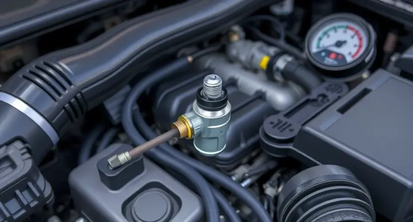 A detailed illustration of a car engine bay, focusing on the fuel pressure sensor and its associated wiring. The sensor should be clearly visible, along with the fuel rail and fuel pressure gauge. The background should be slightly blurred to emphasize the engine components.