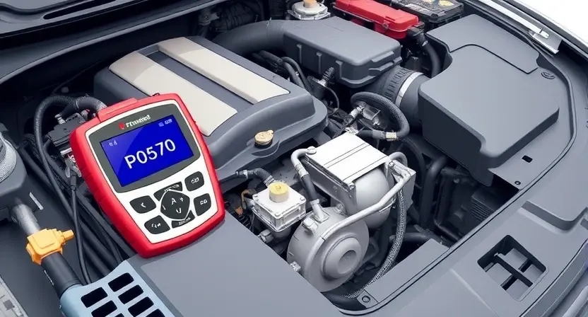 A detailed illustration of a car's engine bay with a diagnostic tool connected to the engine. The tool displays an error code P0570. Focus on the engine components and the diagnostic equipment.