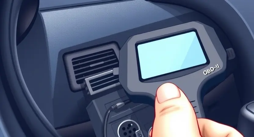 A close-up, detailed illustration of a car's OBD-II port with a diagnostic tool connected. The background should be a slightly blurred view of a car's interior. Focus on the connection between the tool and the port, highlighting the wires and connectors. The overall lighting should be bright and clean, emphasizing the technical aspect.
