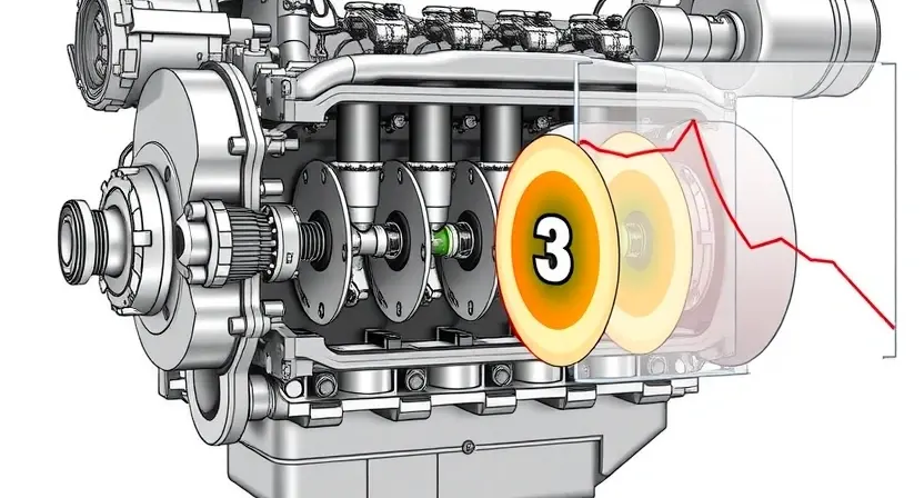 A high-quality technical illustration showing a modern gasoline engine with the third cylinder highlighted, displaying combustion chamber details, spark plug, fuel injector, and signs of detonation such as cracks or hot spots, with transparent overlays of pressure curves and temperature gradients, clean lines, technical diagram style, neutral color palette, no text labels or numbers