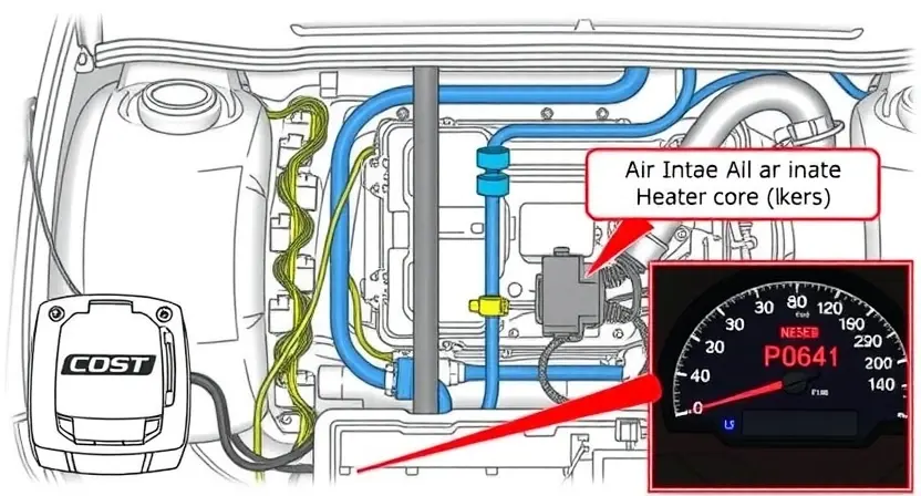 A detailed illustration of a car's engine bay, focusing on the air intake heater circuit. Show wiring, hoses, and the heater core itself. Highlight the P0640 error code indicator on a dashboard.