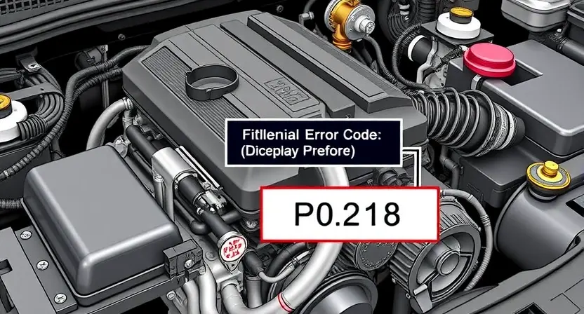 A detailed illustration of a car engine with a diagnostic error code P0218 highlighted. The engine should be realistically rendered, showing various components like the intake manifold, fuel rail, and sensors. The error code should be clearly visible on a digital display near the engine.