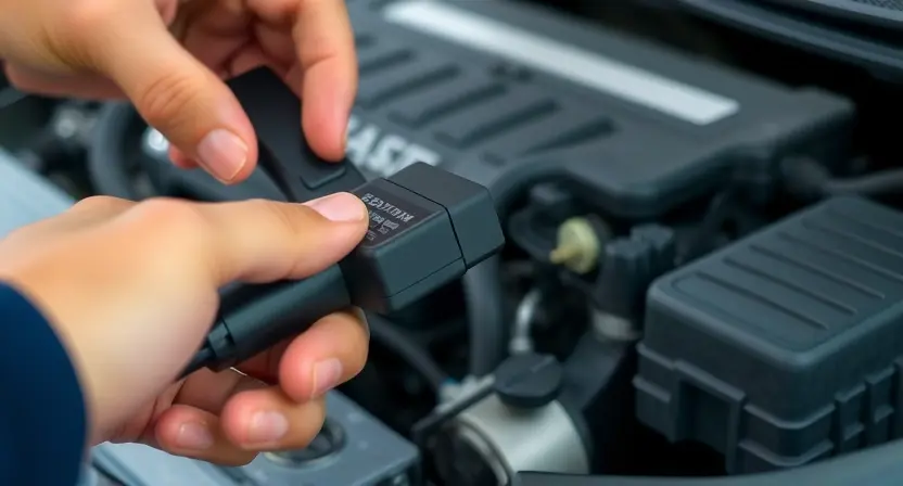 A close-up of a car's OBD-II port with a mechanic's hand inserting a diagnostic tool. The background shows a blurred view of a car engine bay. Focus on the connection between the tool and the port, highlighting the diagnostic process. The overall image should convey technical expertise and problem-solving.
